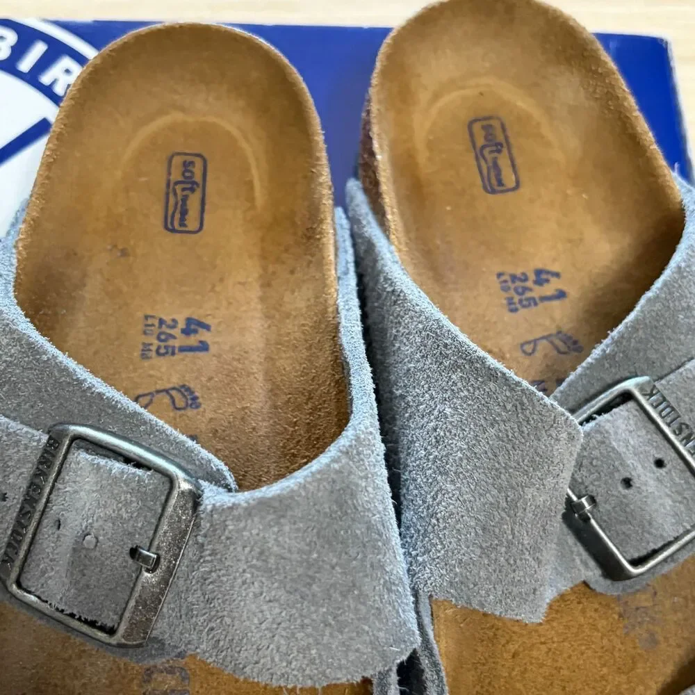 Birkenstock Sandals Arizona Suede Leather Stone Blue Adjustable Strap EUC EU 41